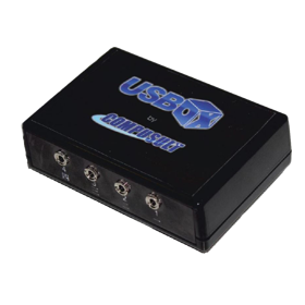 Angled view of small rectangular black device with USBox written on the top and four ports along the front.