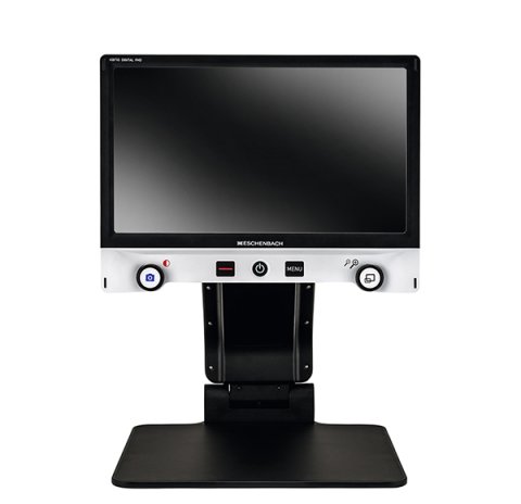  Large black monitor attached to a stand with large dials on bottom left and right. The stand is attached to a large flat black surface for placing documents.