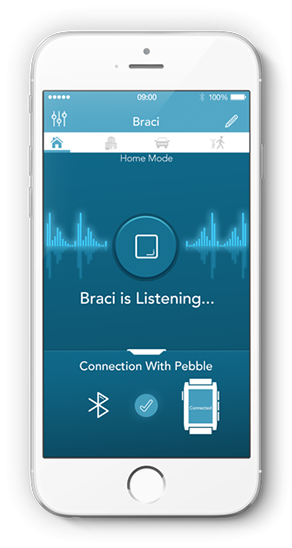 An iPhone screen displaying a "sound waves" graphic, with text reading "Braci is listening." Underneath, are Bluetooth and smartwatch icons.