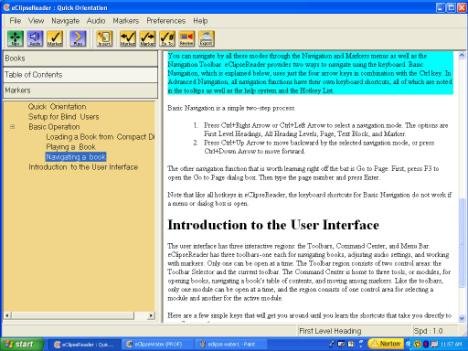 Screenshot of program featuring a text article with a portion highlighted in turquoise.There is a left-hand pane displaying a table of contents. There is also a menu bar at the top.