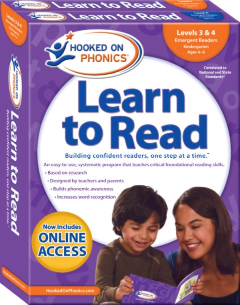 Purple box with "Learn to Read" printed prominently in blue font. Below the title is an image of a mother and son reading a book.