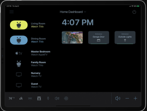 The Home Dashboard in landscape on an iPad: the left has TIVO, apple TV, and flat screen icons next to one of the rooms listed in a column. A display area comes next with the time above a pic of what's on the TIVO (highlighted room) and two more pics labeled: Entrance Garage Door and Entrance Outside Lights.