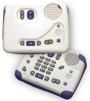 Two, medium-sized white and blue devices. They feature blue number pads, menu buttons, and round built-in speakers.