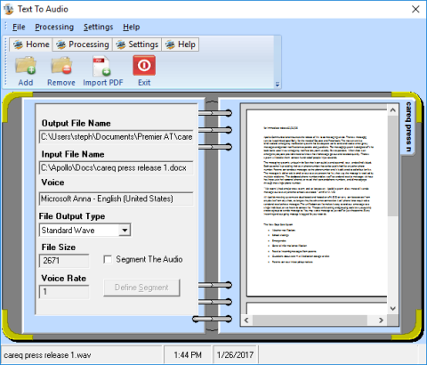 Screenshot of a text editing screen, with a form filled in on the left and a text page on the right.