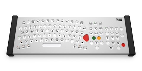 Perspective view of gray keyboard and white keys and number pad