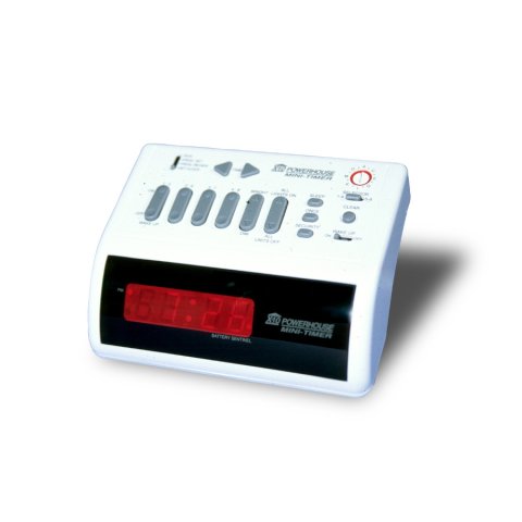 A white digital clock with various grey menu buttons on the top.