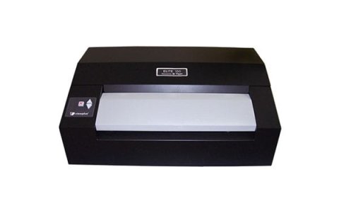 A low profile, black desktop printer with the paper output tray in the front and a control panel on the left.