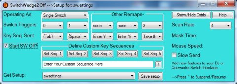 Screenshot showing setup screen and various control options.