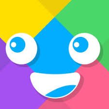 A square with colorful geometric shapes and two white eyes with blue eyeballs and a white smiling mouth with a blue tongue.
