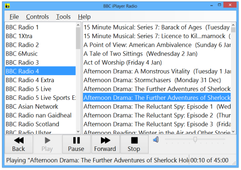 Screenshot of radio program selection screen, with a scrolling list of stations on the left and a clickable list of programs on the right.