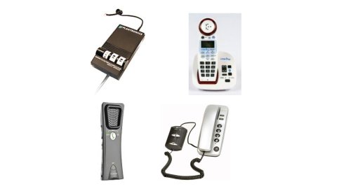 Various models of phone amplifiers. Two are medium-sized rectangular devices with a built-in speaker that connect to a phone jack. One is a small speaker that attaches directly to a cordless phone against where the user places their ear. A fourth is a long, thin device with a small menu display.