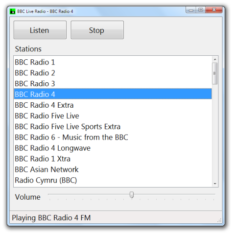 Screenshot showing list of available radio stations and two large control buttons on top.