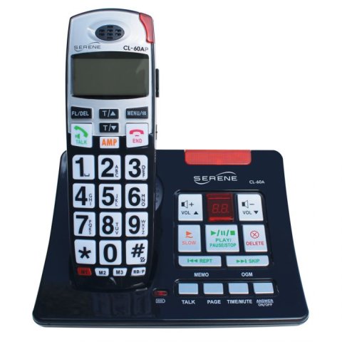 A cordless handset with large buttons, resting in a cradle connected to a large base with various menu buttons for an answering machine. The handset is silver and the base is black.