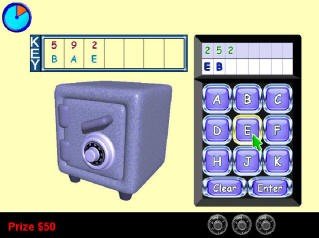 Screenshot of an activity involving an illustrated safe and a combination key, with a text input for users to guess the correct combination.
