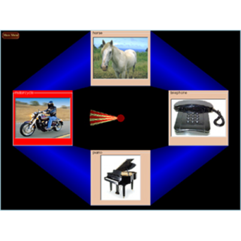 Four different images (motorbike, horse, telephone, and piano) arranged in a "cross" pattern against a black and blue background.