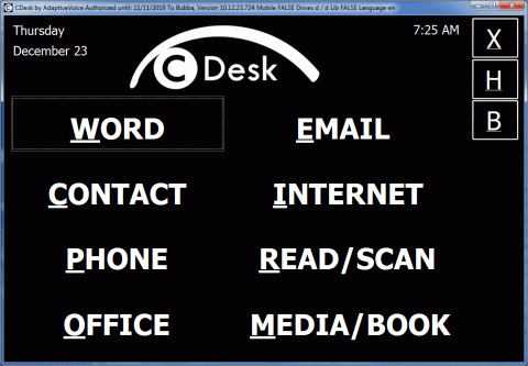 A high-contrast, black-on-white web interface displaying a menu home screen. The options are "Word;" "Contact;" "Phone;" "Office;" "Email;" "Internet;" "Read/Scan;" and "Media/Book."