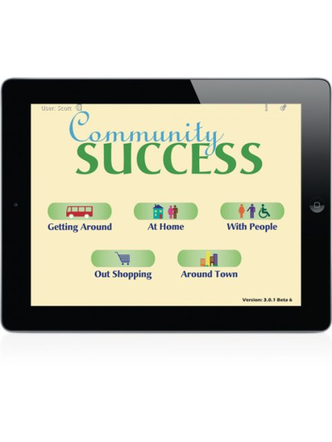 An iPad displaying a light tan screen with the words "Community Success" in blue and green at the top. Beneath are multiple menu buttons with various options, such as "Getting Around".