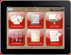 Screenshot of iPad app menu with various template options for creating communication boards.