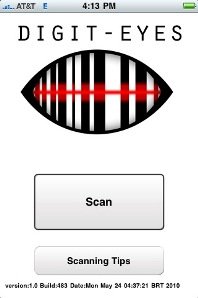A barcode scanning graphic in the shape of an "eye," with the words "Digit-Eyes" above. Below, there is a large button that says "Scan" and a smaller button that says "Scanning Tips."