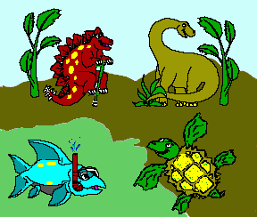 Screenshot of an illustrated scene for children featuring four colorful dinosaurs in a grass and sky scene.