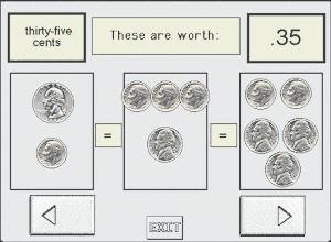 Screenshot of a visual representation of 35 cents in U.S. currency, featuring images of various coins. There are also "Next" and "Back" buttons at the bottom of the screen. 