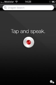 Screenshot of a black screen with a recording icon in the center with the words above, "Tap and speak." At the top of the screen, there is a Google search bar.