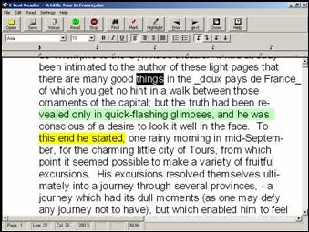 Screenshot of full screen of enlarged lines of text with some selections highlighted in yellow or green, and one word highlighted in black.