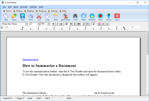 Screenshot of summarization feature menu showing menu options across the top and instructions on how to summarize below.