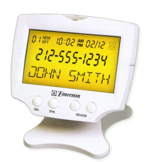 A rectangular white device with a bright yellow LCD display that shows the phone number and name of the person calling in black font.