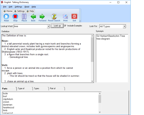Screenshot of word lookup function showing a window for a word at the top and various use options below.