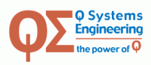 An orange "QE," styled to resemble letters from the Greek alphabet, and the words "Q Systems Engineering, The Power of Q" in blue font next to it.