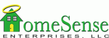 A green house with a yellow door and an angel halo at the top. The graphic serves as the "H" in "HomeSense," which is printed in green font. Beneath, the words "Enterprises, LLC."