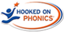 A blue illustration of a child jumping with an orange star above their left hand. Next to it, the words "Hooked on Phonics" in blue and orange font. There is also a blue and orange oval surrounding the logo.