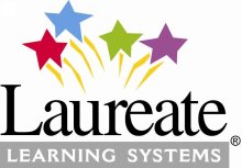 The Laureate Learning Systems Logo: four shooting stars (one red; one blue; one lime green; and one purple) are shown above the word "Laureate,: which is printed in black font. Beneath, the words "Learning Systems" in white font against a medium-grey background.