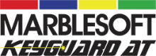 A horizontal bar divided into red, blue, yellow, and green sections. Underneath, the words "Marblesoft" in bold black font and "Keyguard AT" in stylized black font.