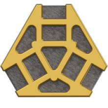 Brown, irregular hexagon-shaped graphic with a "web" of golden-colored lines over it.