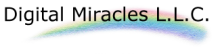 A rainbow graphic with the words "Digital Miracles LLC" in black font over it.
