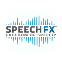 A blue sound wave graphic with the words "Speech FX, Freedom of Speech" printed over it in black and blue font.