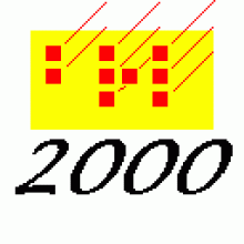 Company logo, featuring a yellow rectangle with several smaller red squares on top, with the word "2000" in bold black font beneath.  