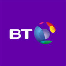 The letters "BT" in white font next to a multi-colored globe graphic. The background is purple.