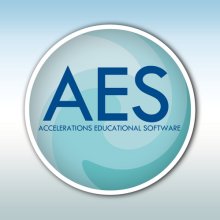 A light blue circle with a white border, featuring the letters "AES" in dark blue in the center. The background is a blue and white gradation.