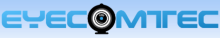 The words "eyecomtec" in blue font against a lighter blue background. The "o" in com is a black eye graphic.