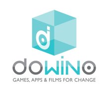 A light blue, semi-transparent cube graphic with a white "d" on one side of it. Beneath are the words "dowino, games, apps, & films for change." The "win" in "dowino" is blue, while the rest of the font is black.
