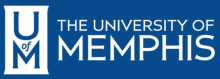 A blue background with the words "The University of Memphis" in white font. To the left, there is a white banner with the words "U of M."