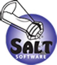 A circle graphic with a blue gradient and an illustrated salt shaker in front pouring salt onto the words "SALT software."