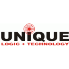 The word "Unique" in bold, black font with a radiowave graphic above the letter "i." The words "Logic + Technology" are in red font below.