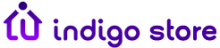 A purple house graphic with the letter "i" serving as the front door. To the right, the words "indigo store" in purple.