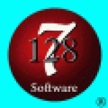 Turqouise background with a dark red sphere and the words "7 128 Software" in white and black.