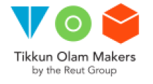 TOM logo showing a blue triangle with the apex pointing down and a thin white line dividing it in half, followed by a light green circle with a smaller circle drawn inside it with a thin white line, and followed by an orange/red cube with the top drawn with a thin white line. Below these are the names Tikkun Olam Makers written with light black letters and below this is "by the Reut Group" written in grey letters.