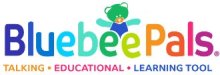 Logo with colorful letters "BluebeePals" and a green bear with arms outstretched seen from behind the double "e". Under this is written " Talking Educational Learning Tool", with each word written in a different color.